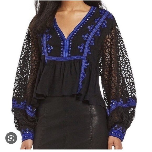 Free People Boogie All Night Black/Blue Lace Balloon Sleeve Peasant Top Size S - Picture 1 of 7